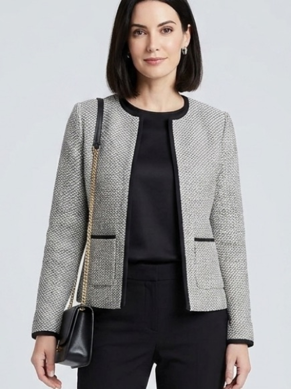 DANA BUCHMAN Tweed Blazer Sz L Faux Leather Trim Pockets Wool Blend